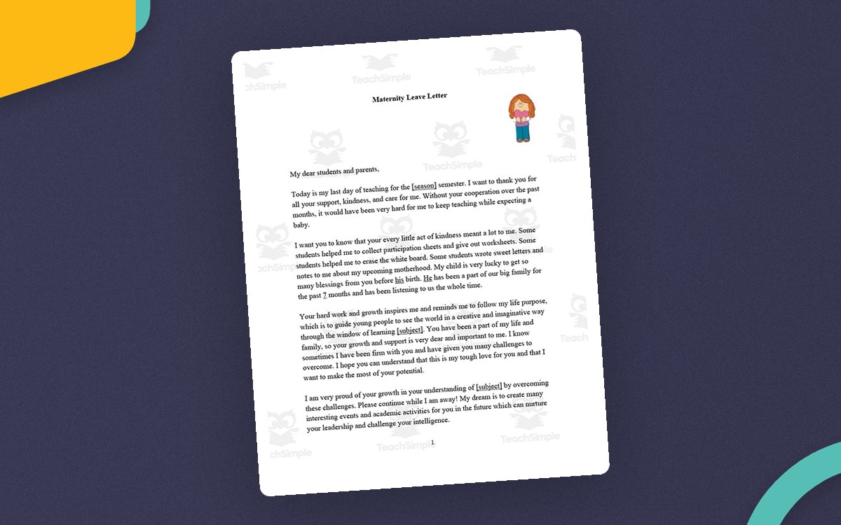 Editable maternity leave letter cover with a formal one-page letter preview and small teacher icon.