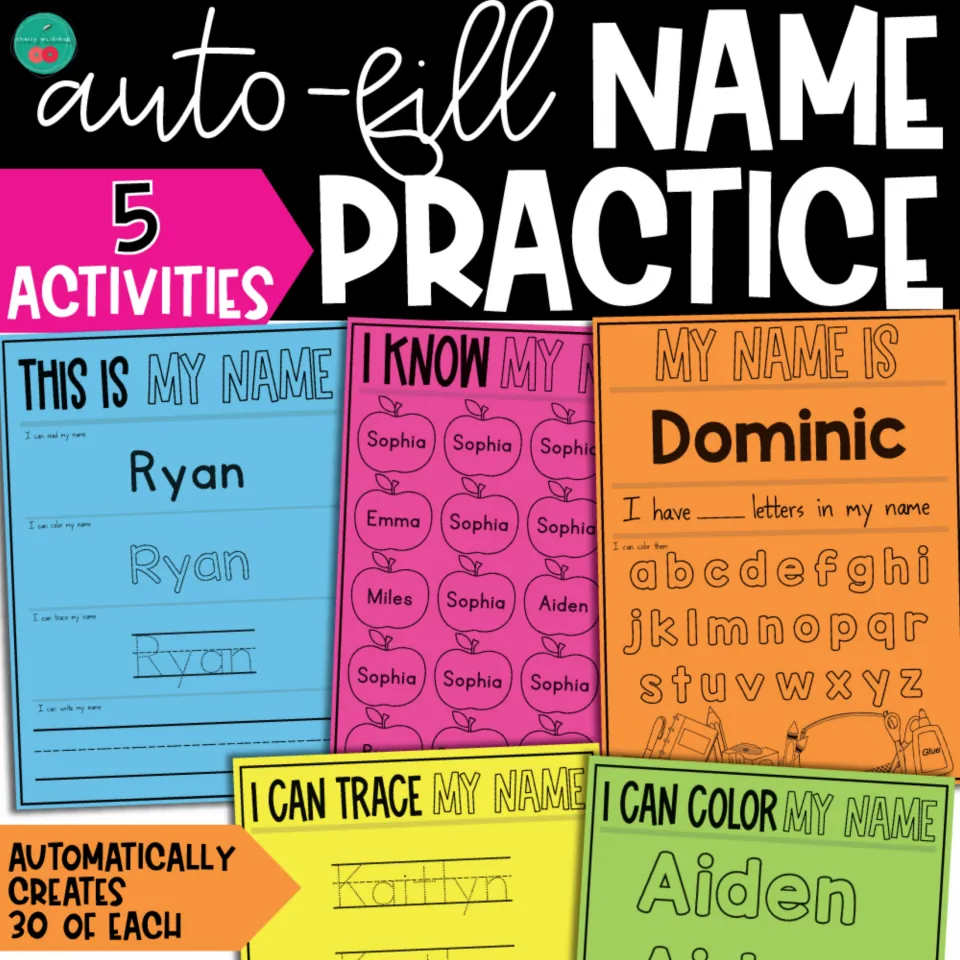 Auto-fill Name Practice cover: 5 activities, each made 30 times, shown with read, color, trace and apple-find sheets