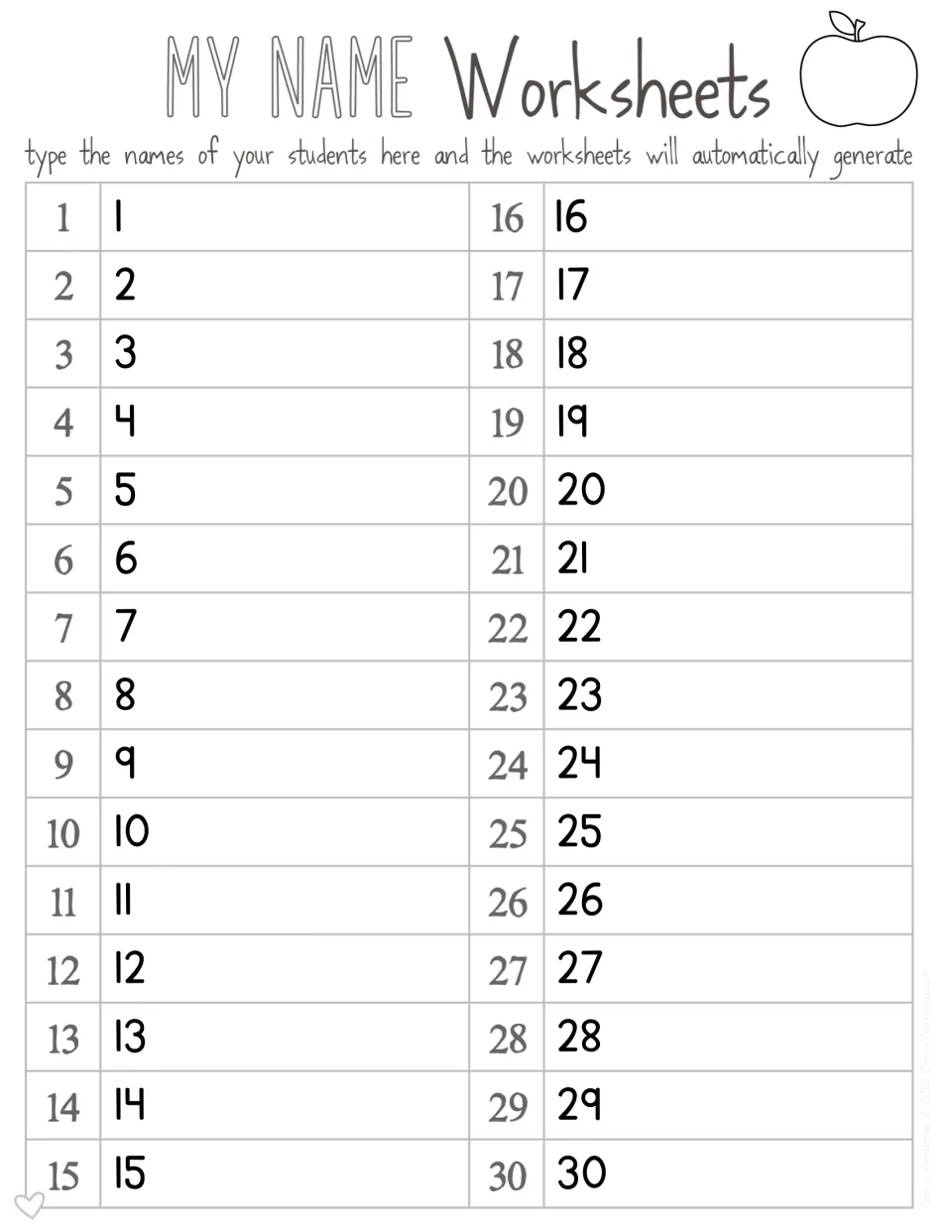 My Name Worksheets list: teachers type up to 30 student names into numbered slots so every worksheet fills in automatically