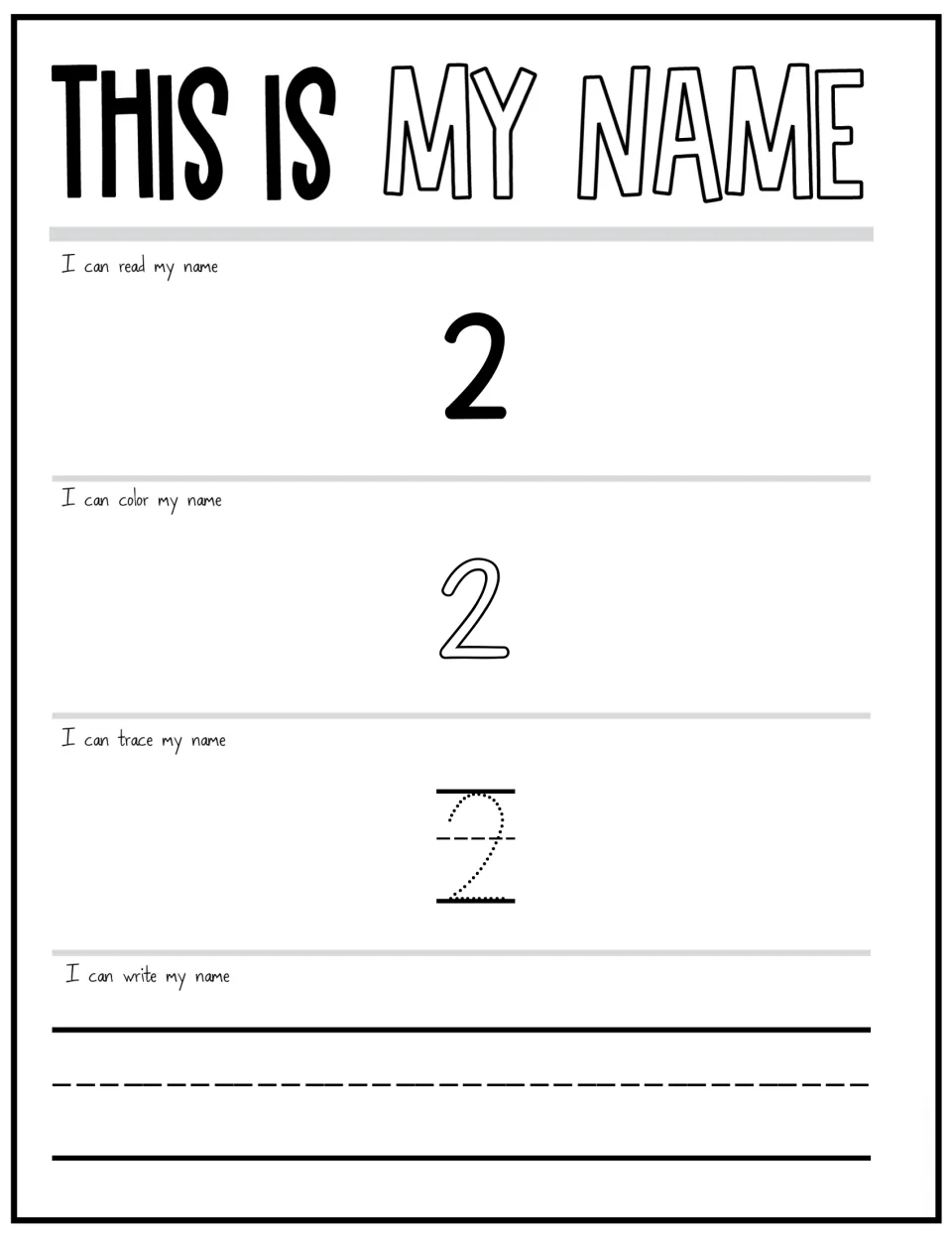 This Is My Name sheet for student 2 (placeholder shown): read the word, color its bubble letters, trace it, then write it