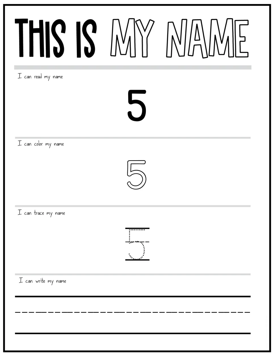 This Is My Name, student 5 placeholder: the four I can steps are read, color, trace and write the child's own name