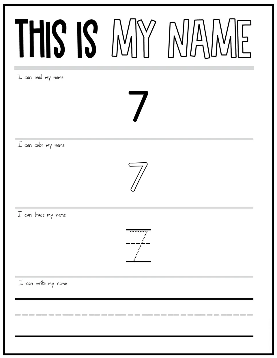 Practice sheet for student 7, placeholder 7: read it in bold, color the bubble letters, trace the dots, then write it freely
