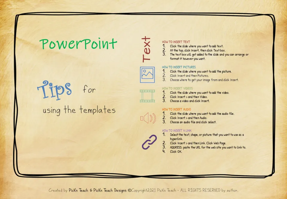 PowerPoint tips for customizing the bookmark templates by adding text, pictures, videos, audio, and links.