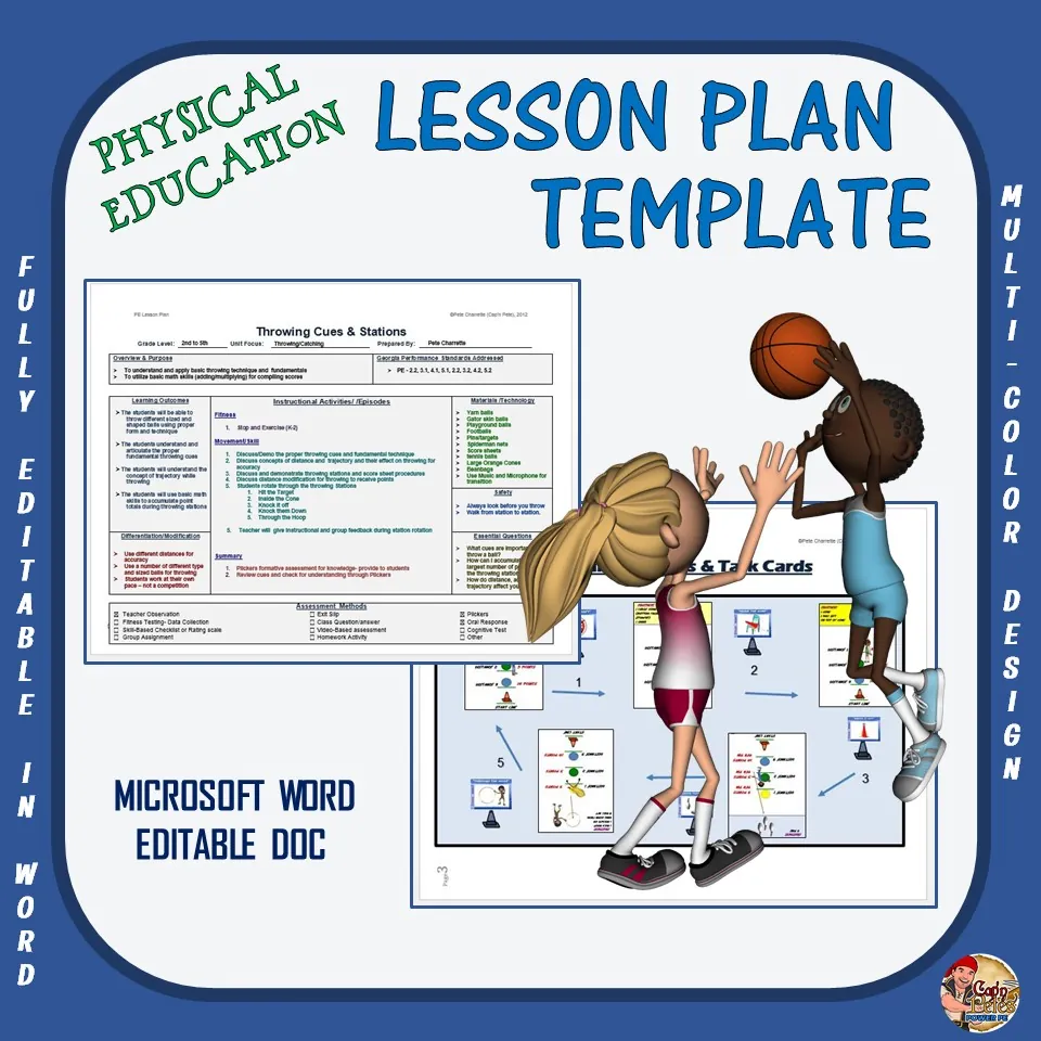 Editable PE Lesson Plan Template – 3 Color Options – cover