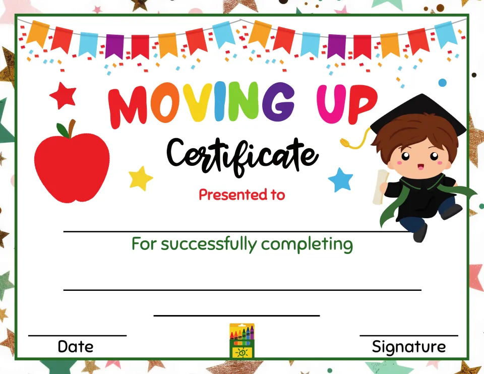 Moving Up certificate with graduate child, apple and bunting; blanks for student name, achievement, date and signature