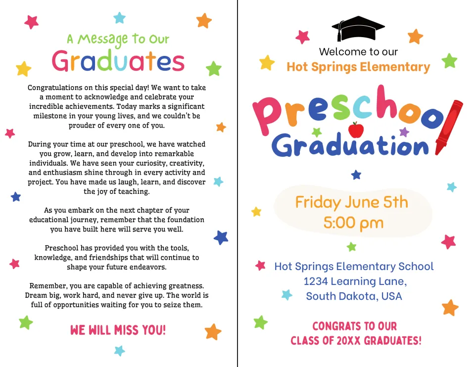 Program outside: 'A Message To Our Graduates' letter ending 'We will miss you!' beside the graduation welcome front cover