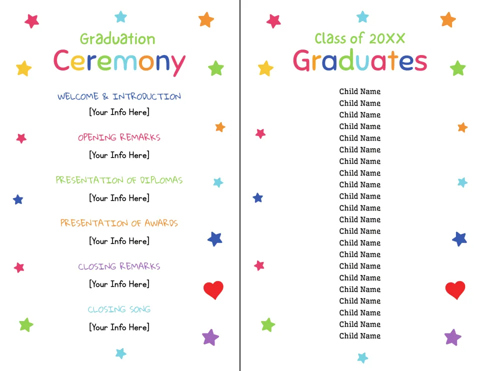 Program inside: ceremony order from welcome and diplomas to closing song, plus a Class of 20XX list of Child Name spaces