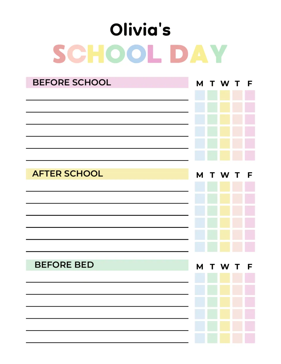 Olivia's School Day routine checklist: six tasks each for before school, after school and before bed, ticked M to F
