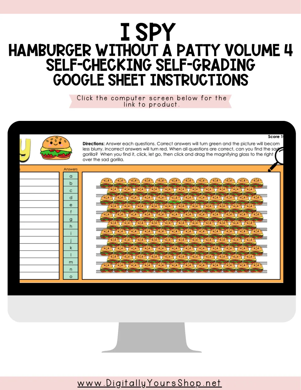 I Spy Hamburger Without a Patty Vol. 4 cover: self-checking Google Sheet with rows of burgers to search