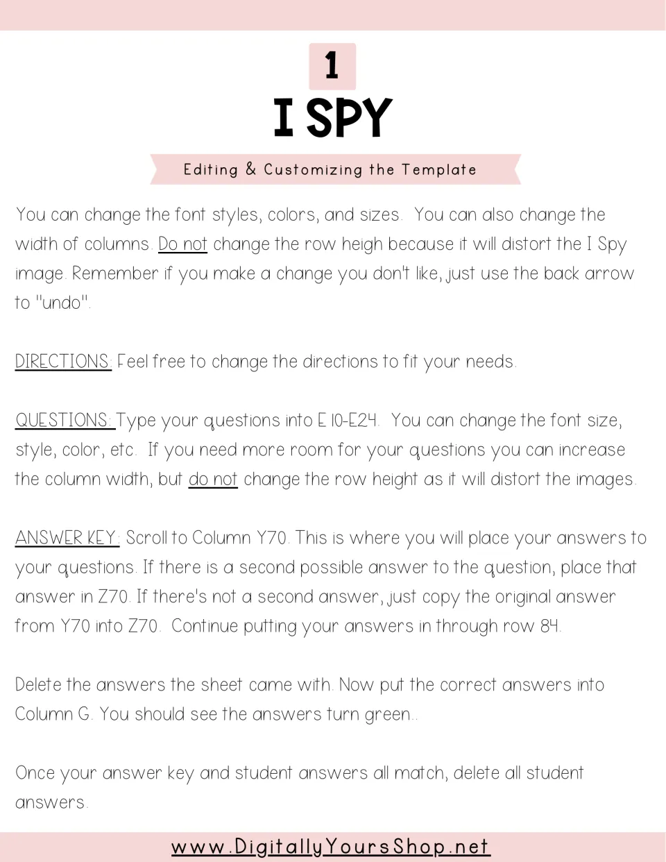 Template editing, part 1: change fonts and directions, type questions in E10-E24 and enter answers from Y70 to Z84