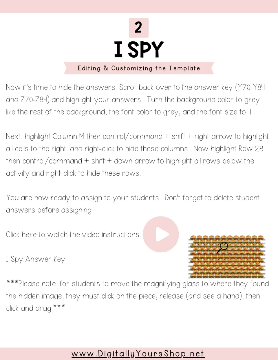 Template editing, part 2: hide answer key cells in grey, hide extra columns and rows, and clear student answers