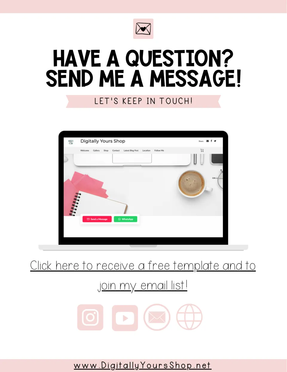 Seller contact page: Have a question? Send me a message, with a shop site screenshot and free template email signup