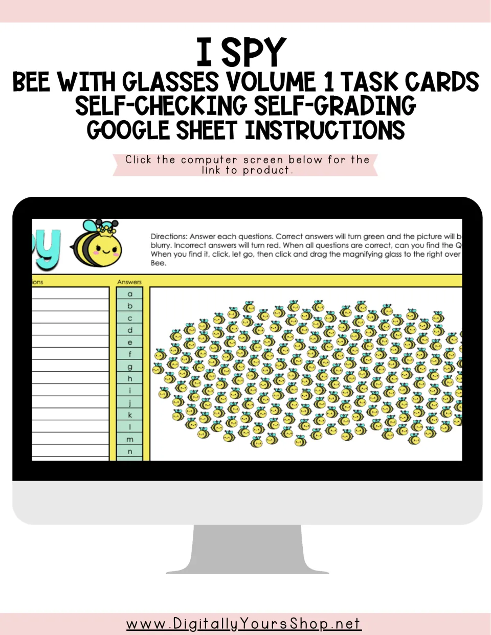 I Spy Bee with Glasses Volume 1 cover: self-checking Google Sheet task card instructions with a bee I Spy screen preview