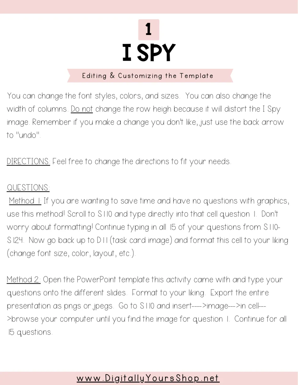 I Spy template editing guide: change fonts, colors and directions, then add 15 questions by typing or inserting images