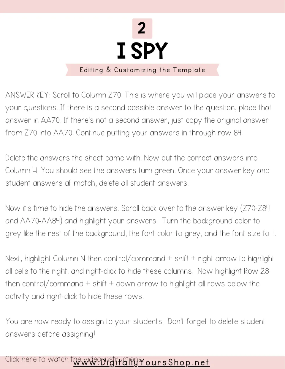 I Spy template setup: enter answers in Z70 to AA84, check they turn green, then hide the key, extra columns and rows