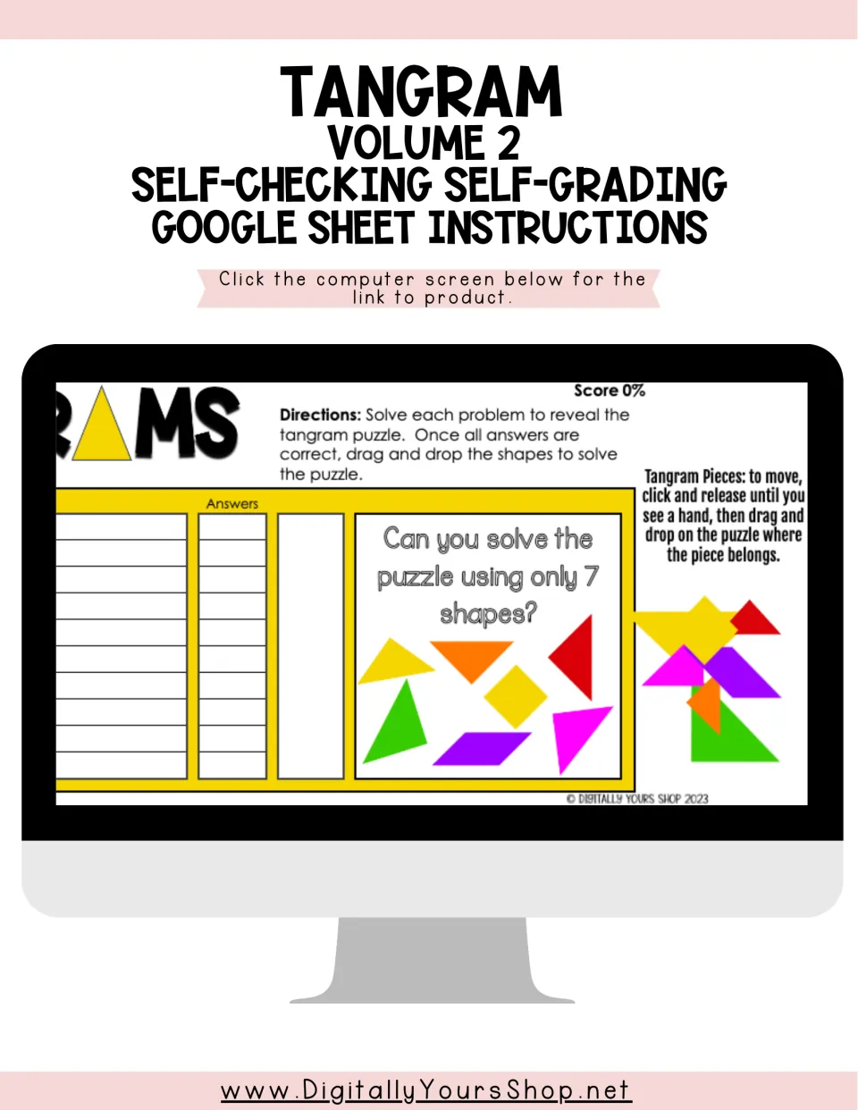 Tangram Volume 2 instruction cover showing a Google Sheets activity that reveals a seven-piece puzzle
