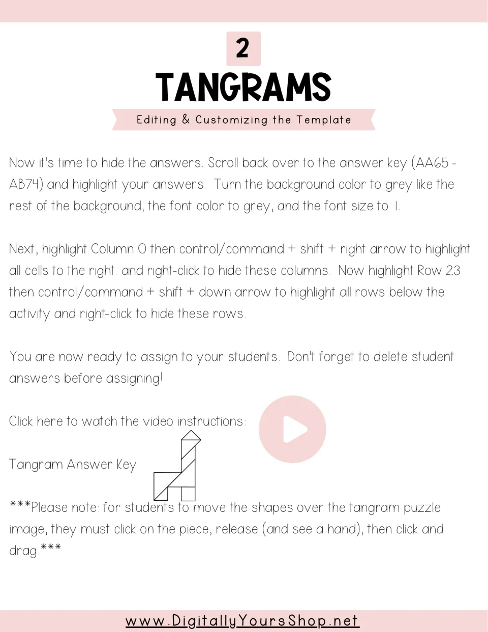Tangram setup instructions for hiding answers and assigning the activity, with a solved puzzle diagram