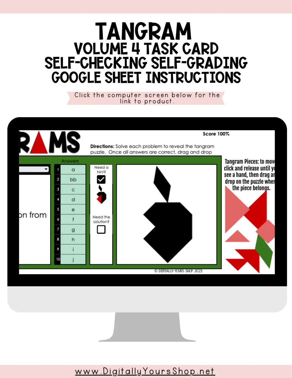 Tangram Volume 4 instruction cover showing a Google Sheets activity with 10 answers and a revealed puzzle