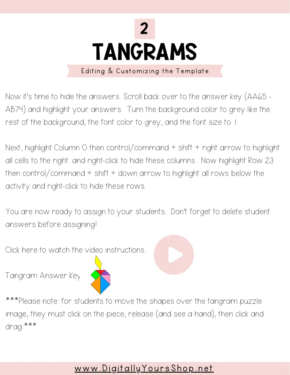 Tangram template setup instructions for hiding answers, preparing student copies, and dragging puzzle pieces