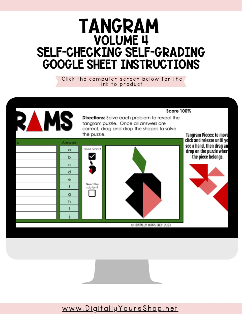 Tangram Volume 4 instruction cover showing a Google Sheets activity where correct answers reveal a puzzle