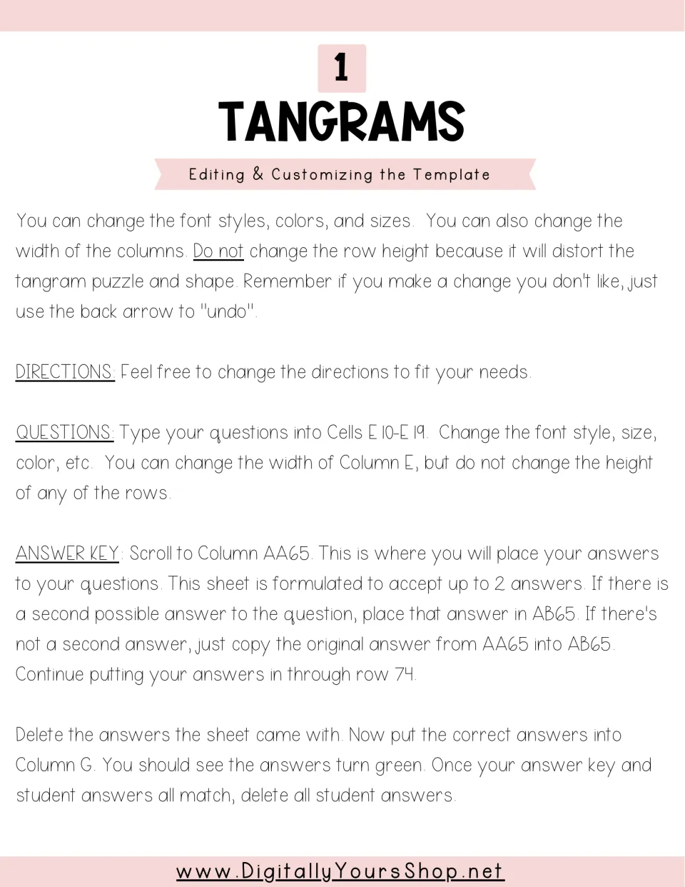 Tangram setup instructions for entering 10 questions, adding up to two accepted answers, and testing feedback