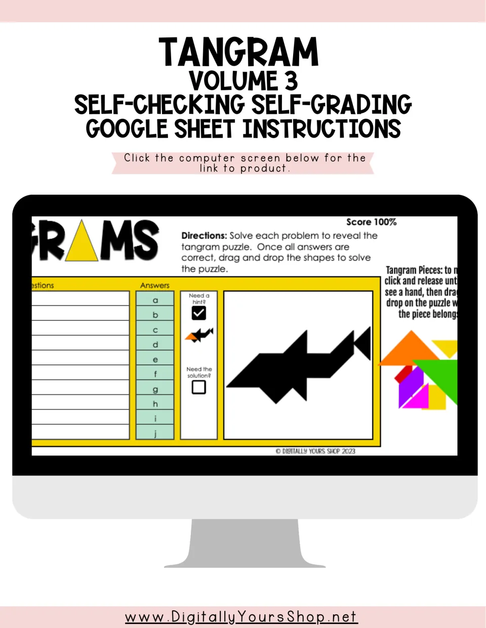 Tangram Volume 3 instruction guide cover showing a self-checking Google Sheets activity and fish-shaped puzzle