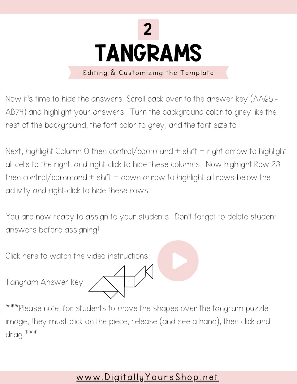 Tangram setup instructions for hiding answers and moving pieces, plus a fish puzzle solution and video link