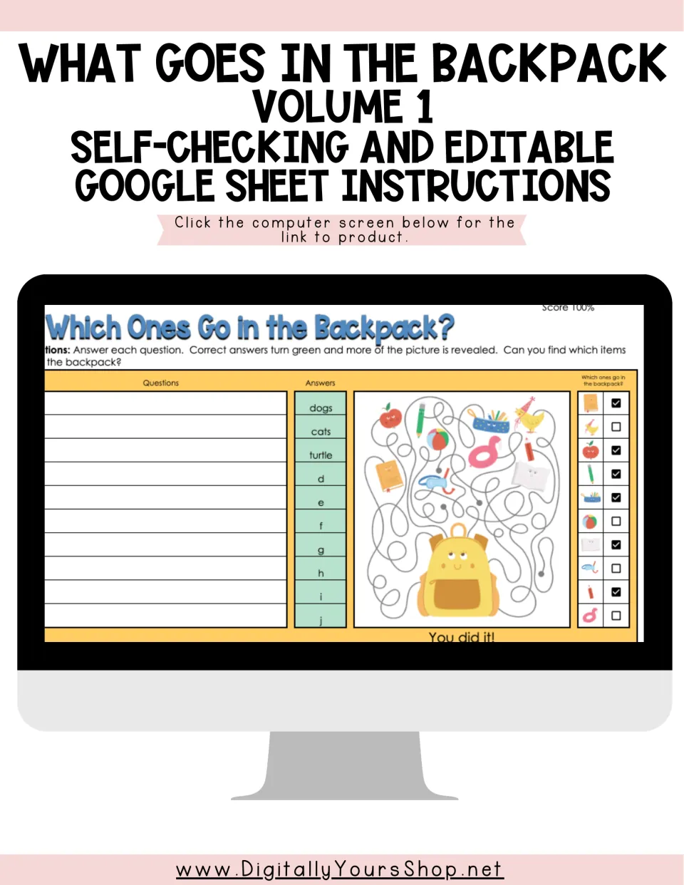 Instruction guide cover for the backpack picture-reveal maze, showing a Google Sheets activity preview