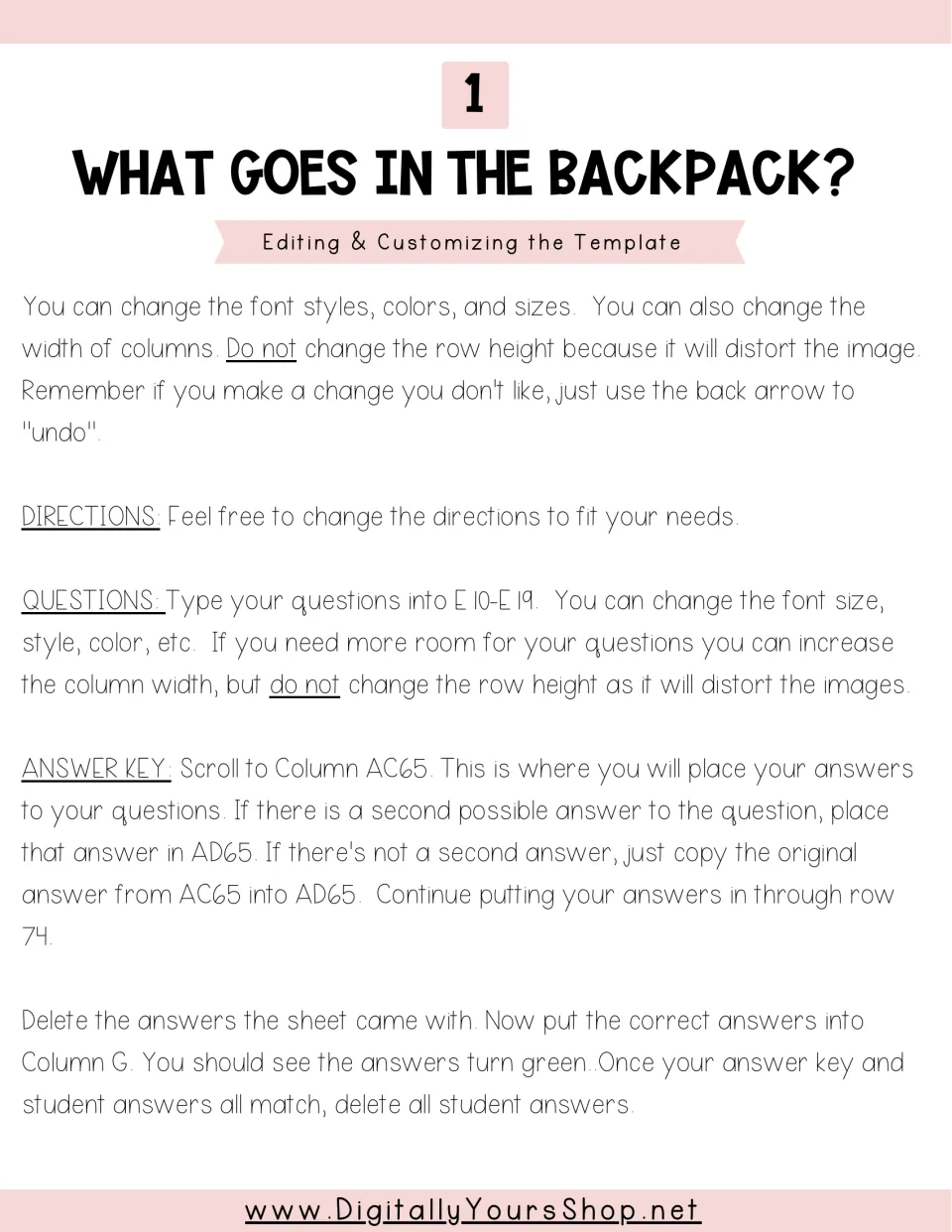 Template setup instructions explain editing questions, entering two accepted answers, and testing feedback