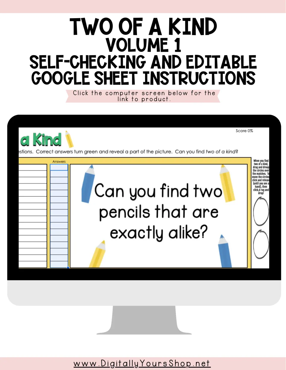 Cover of the template guide, showing a Google Sheets activity that asks students to find two identical pencils