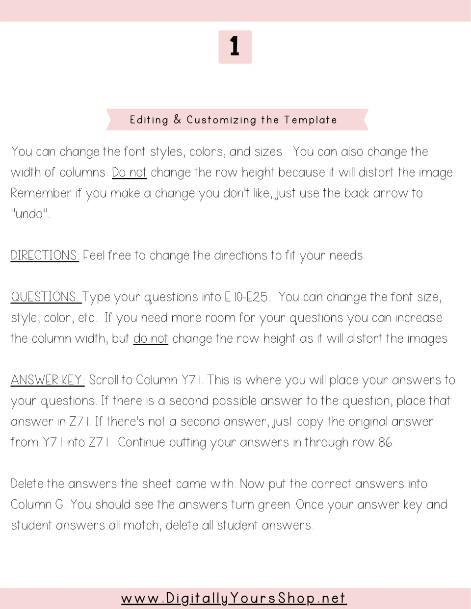 Template setup instructions explain editing 16 questions, entering two possible answers, and testing responses
