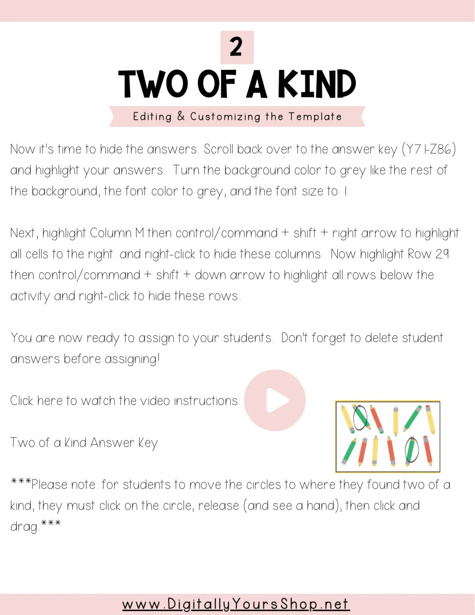Template setup instructions explain hiding answers, assigning the activity, and moving circles to mark matches