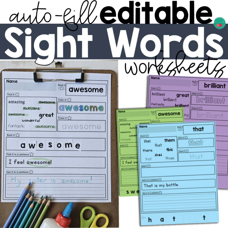 Auto-fill editable sight words cover: sample pages for awesome, brilliant and that with read, find, trace and build tasks