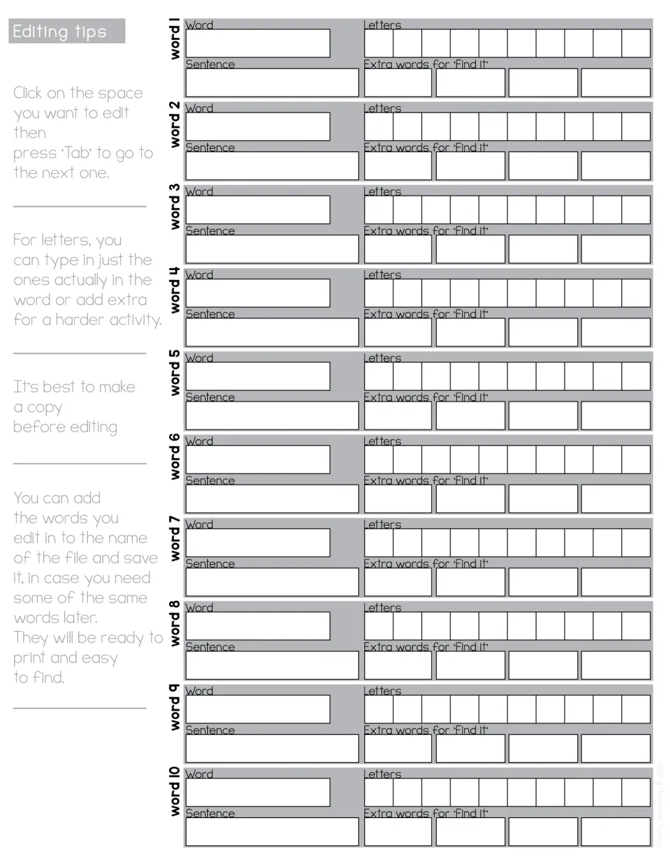 Word list entry form: teachers type 10 sight words, each with a sentence, its letters and four extra words for Find it