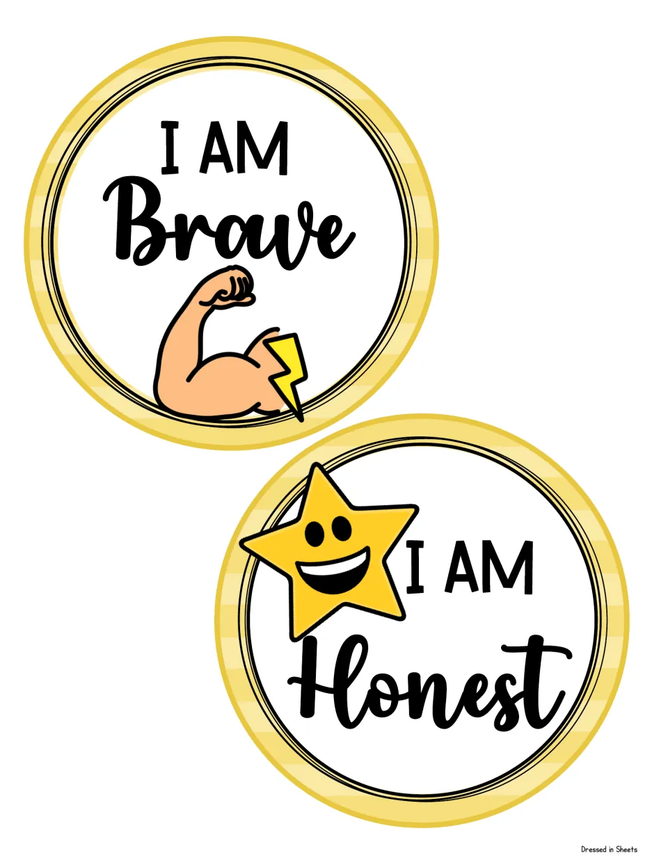 Two round affirmation signs: I AM Brave with a flexed arm and lightning bolt, and I AM Honest with a grinning star