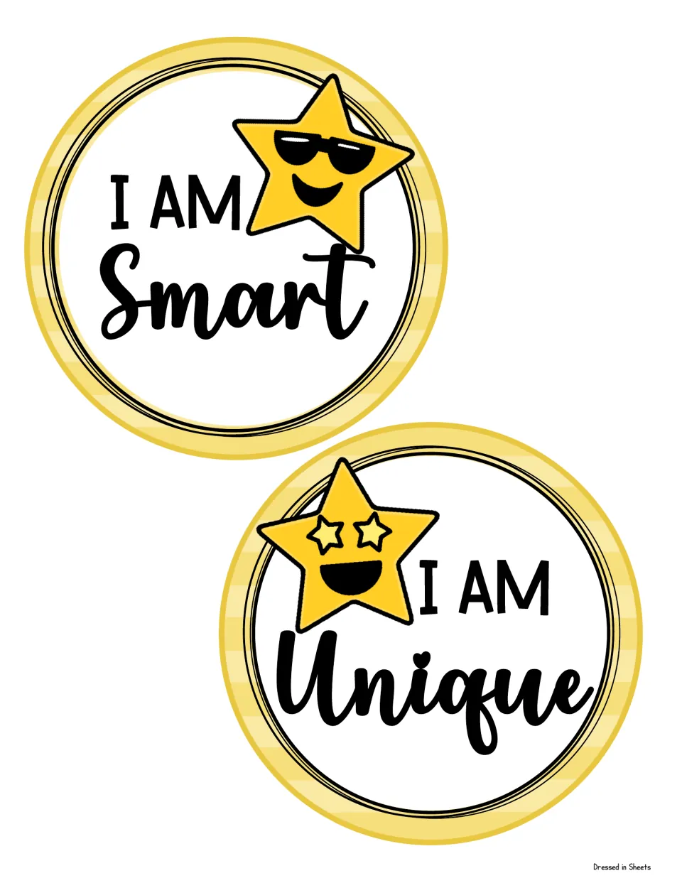 Two round affirmation signs: I AM Smart beside a star wearing sunglasses, and I AM Unique with a star-eyed emoji