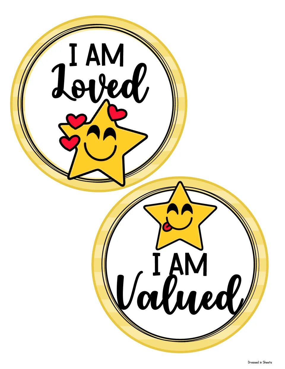 Two round affirmation signs: I AM Loved with a star surrounded by red hearts, and I AM Valued with a playful star face