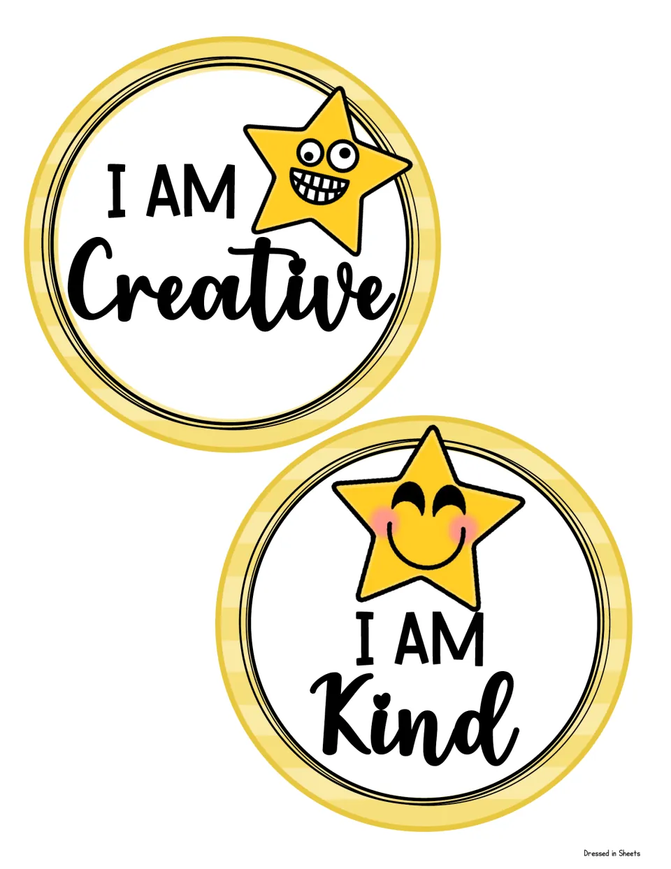 Two round affirmation signs: I AM Creative with a wide-eyed grinning star, and I AM Kind with a blushing star emoji