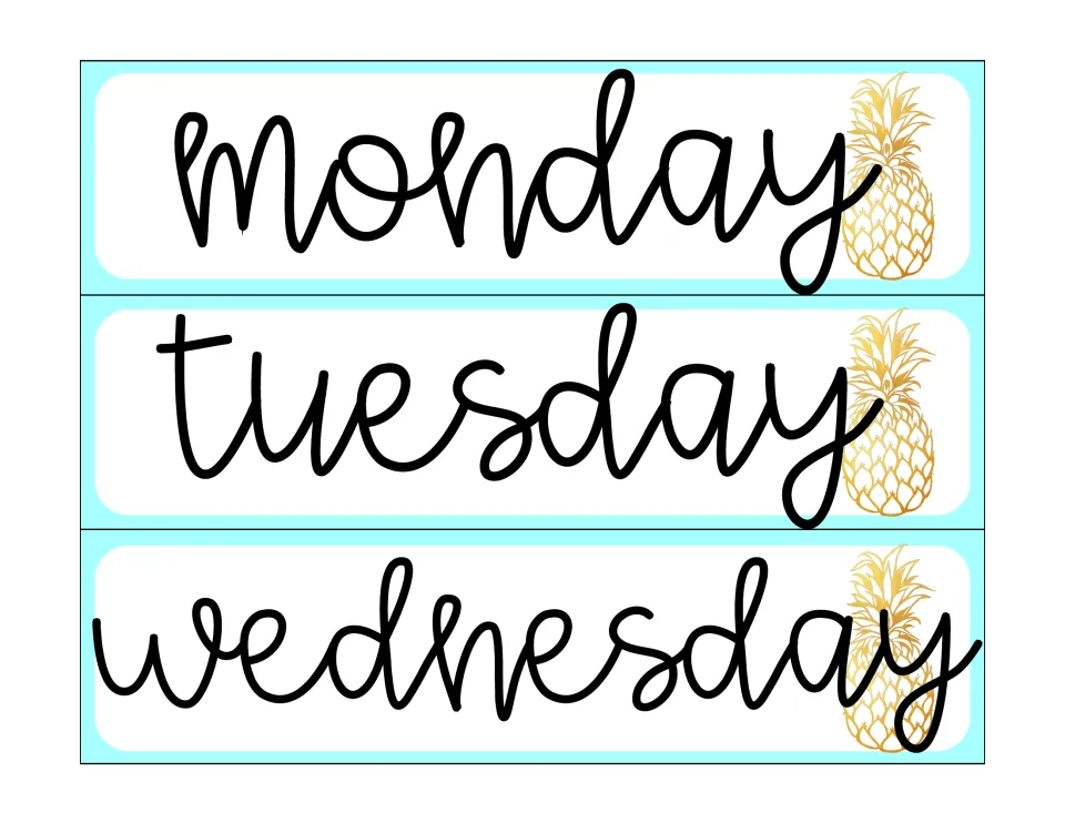 Sterilite drawer labels in the first design: Monday, Tuesday, and Wednesday, from the weekday label set