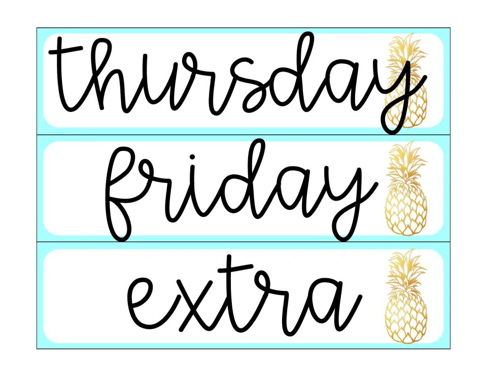 Sterilite drawer labels in the first design: Thursday, Friday, and extra, continuing the weekday labels