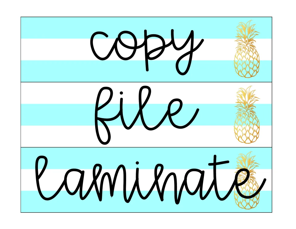 Sterilite drawer labels in the second design: copy, file, and laminate, for organizing classroom papers