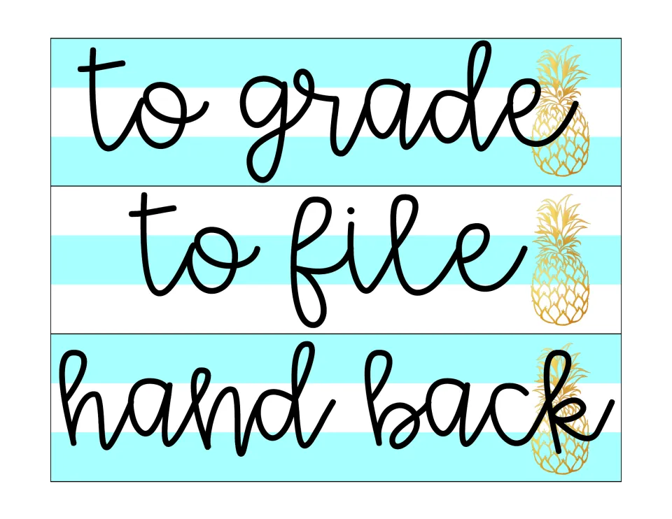 Sterilite drawer labels in the second design: to grade, to file, and hand back, for sorting classroom papers
