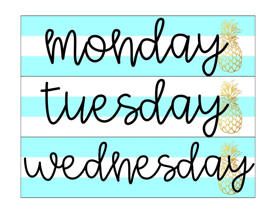 Sterilite drawer labels in the second design: Monday, Tuesday, and Wednesday, from the weekday label set