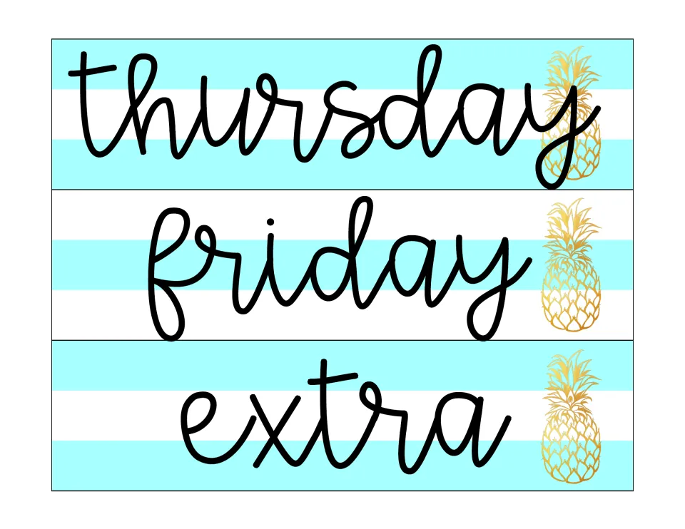 Sterilite drawer labels in the second design: Thursday, Friday, and extra, continuing the weekday labels