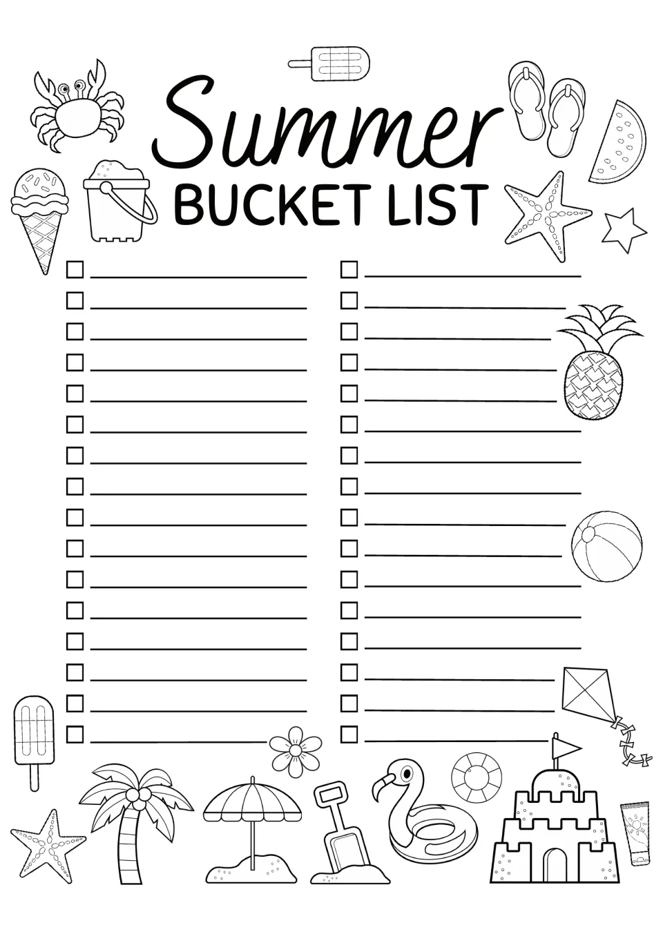 Summer Bucket List: students write up to 32 checklist goals for summer and color beach doodles like a crab and sandcastle