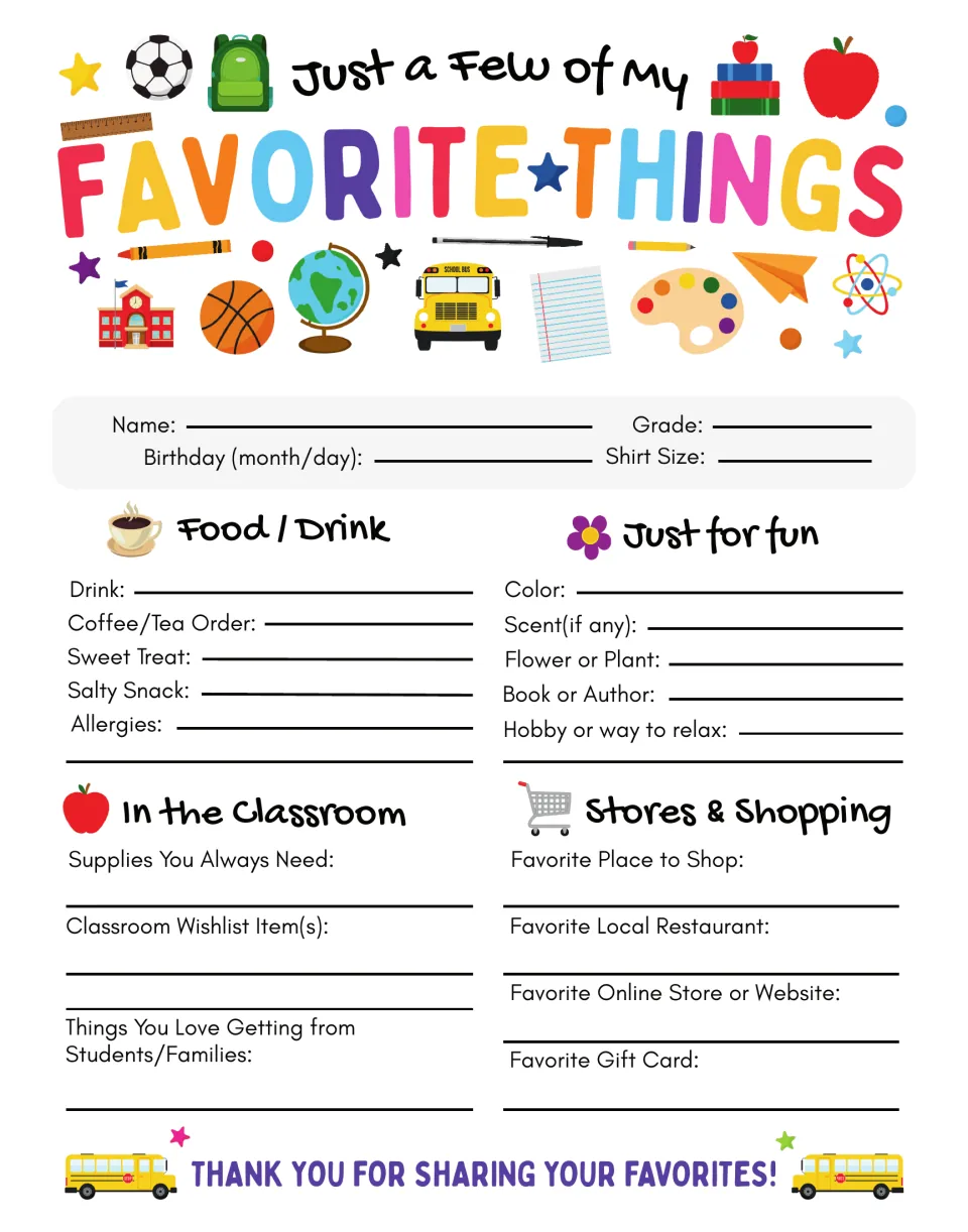 Just a Few of My Favorite Things survey: teachers list food and drink, just-for-fun picks, classroom needs and shops