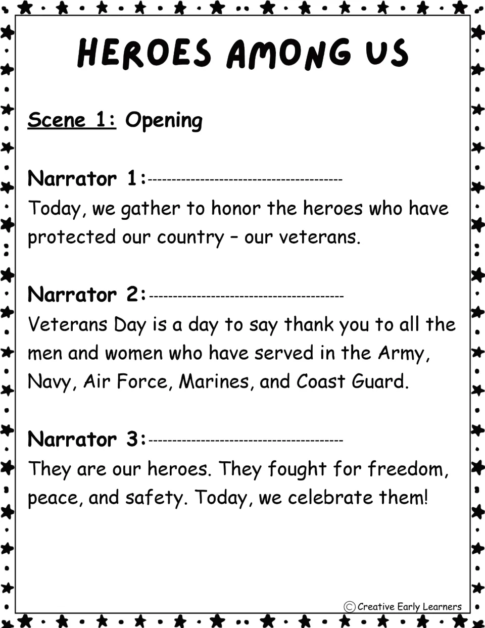 Heroes Among Us, Scene 1 Opening: three narrators welcome the audience and name the five military branches