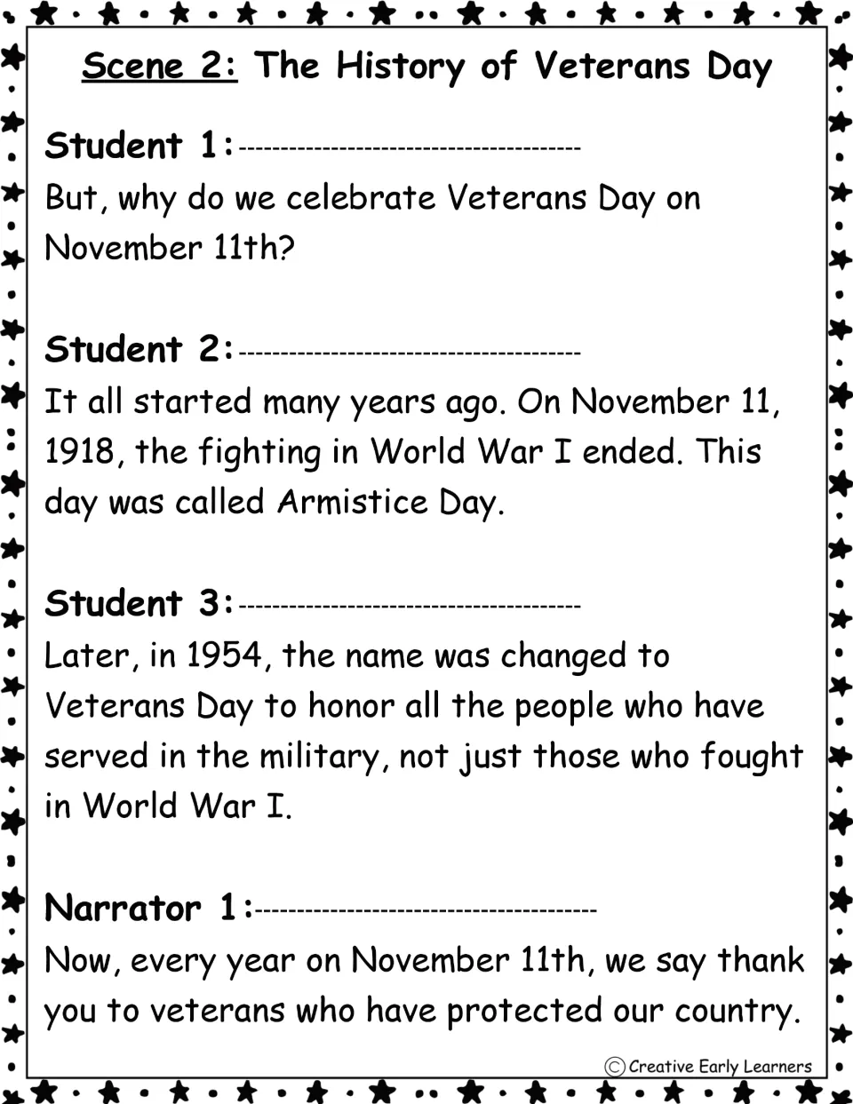 Scene 2 history of Veterans Day: student speaking parts explain Armistice Day, 1918, and the 1954 name change