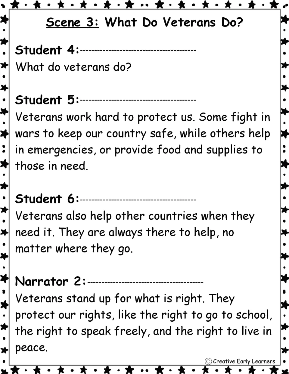 Scene 3 What Do Veterans Do?: Students 4 to 6 and Narrator 2 describe how veterans protect people and rights
