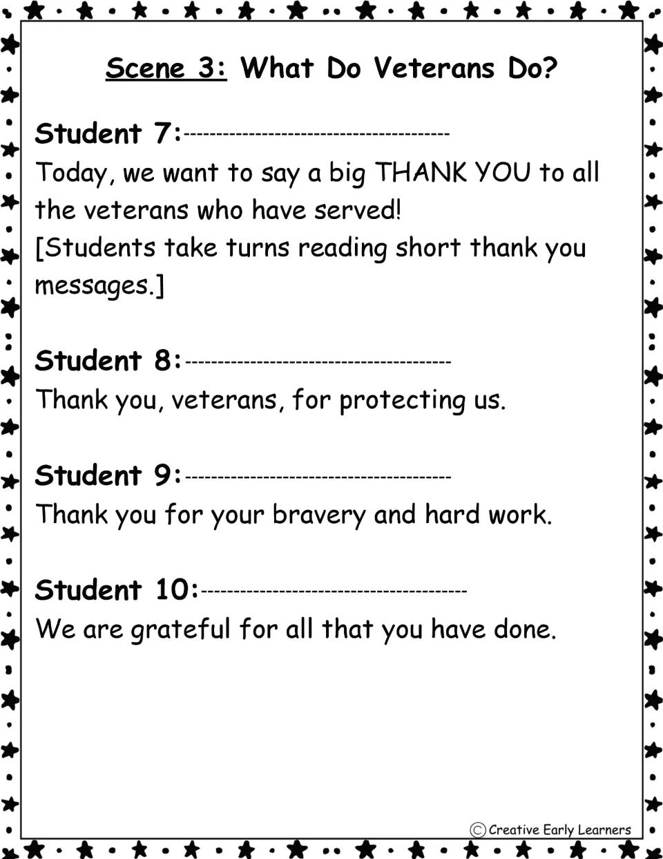 Scene 3 thank-you lines: Students 7 to 10 read short thank-you messages to veterans for service and bravery
